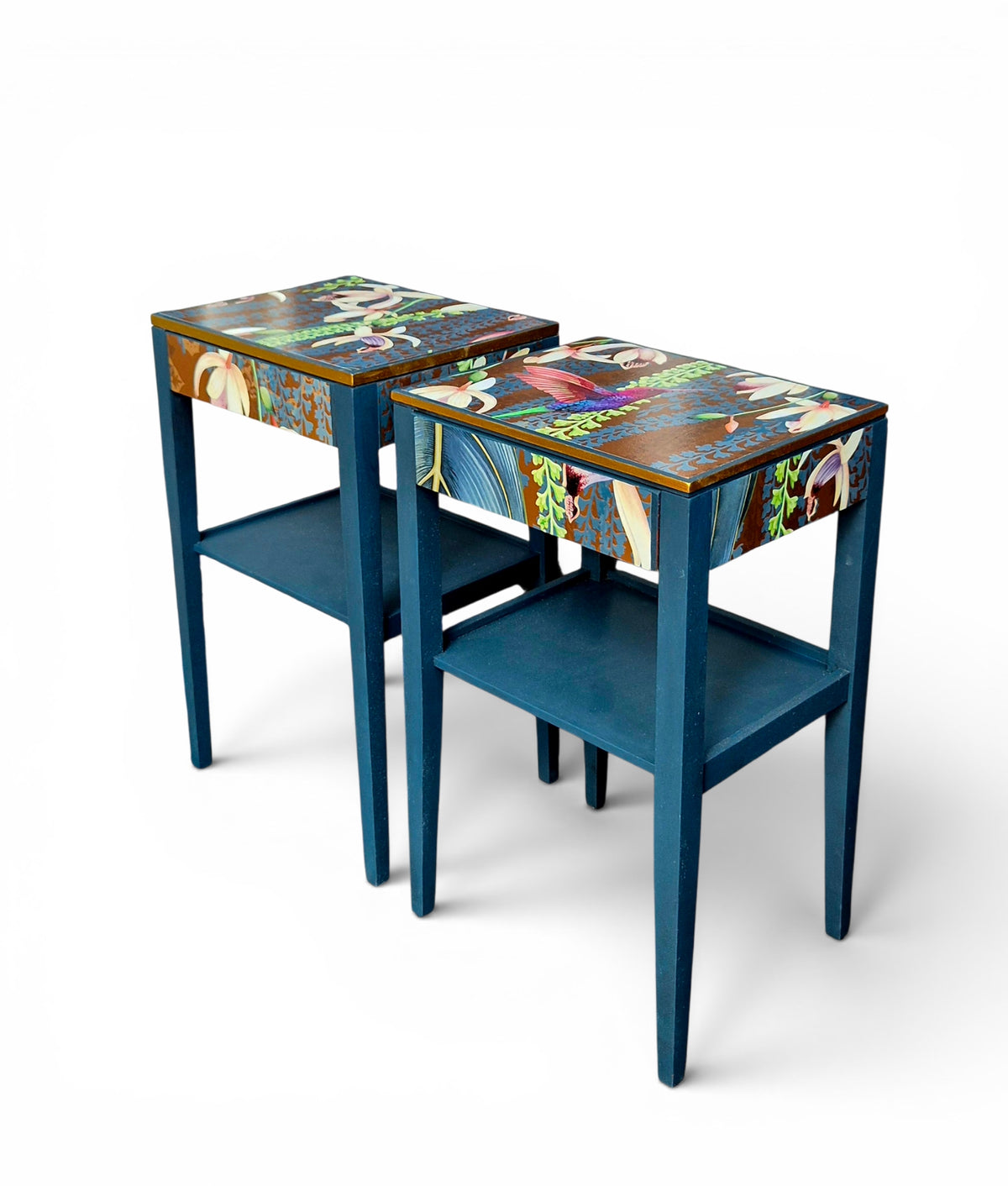 Pair of Luxury Upcycled Bedsides with Metallic Trailing Orchid Decoupage