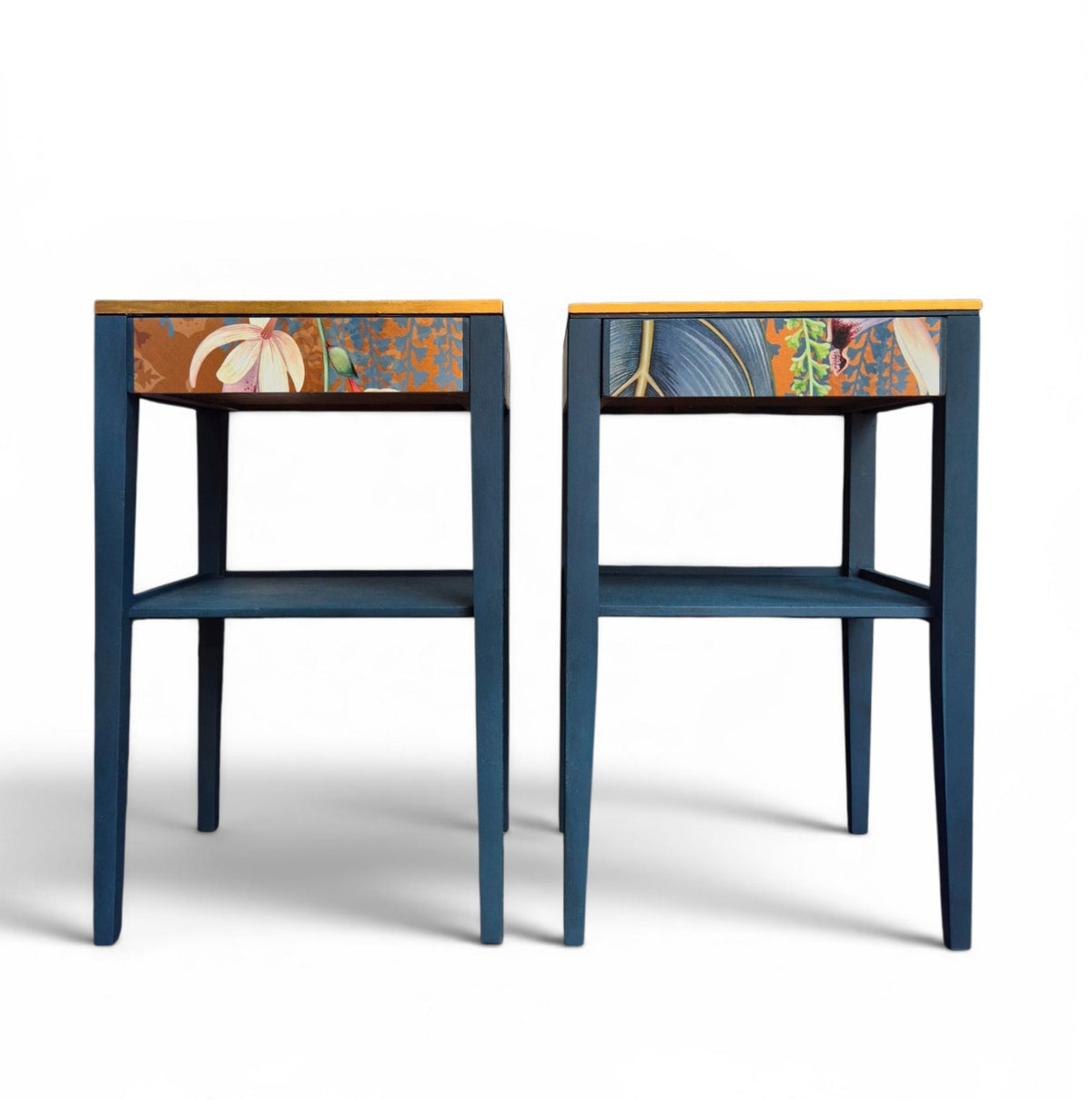Pair of Luxury Upcycled Bedsides with Metallic Trailing Orchid Decoupage