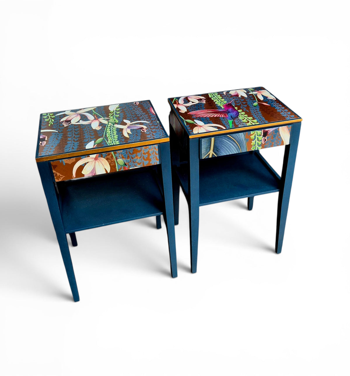 Pair of Luxury Upcycled Bedsides with Metallic Trailing Orchid Decoupage