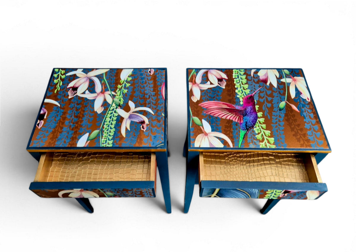 Pair of Luxury Upcycled Bedsides with Metallic Trailing Orchid Decoupage