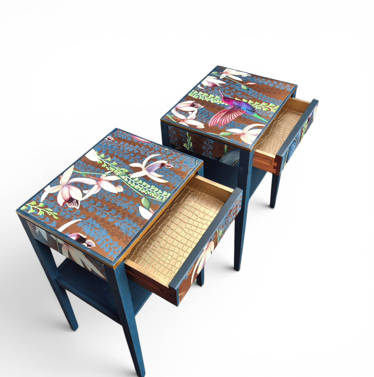 Pair of Luxury Upcycled Bedsides with Metallic Trailing Orchid Decoupage