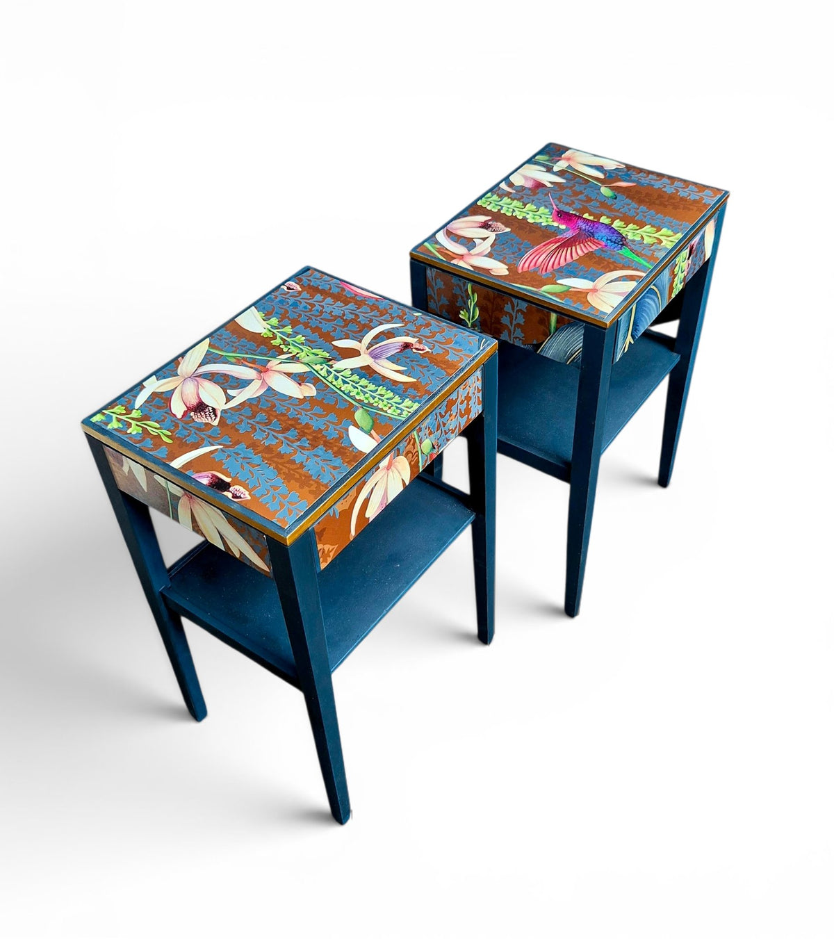 Pair of Luxury Upcycled Bedsides with Metallic Trailing Orchid Decoupage