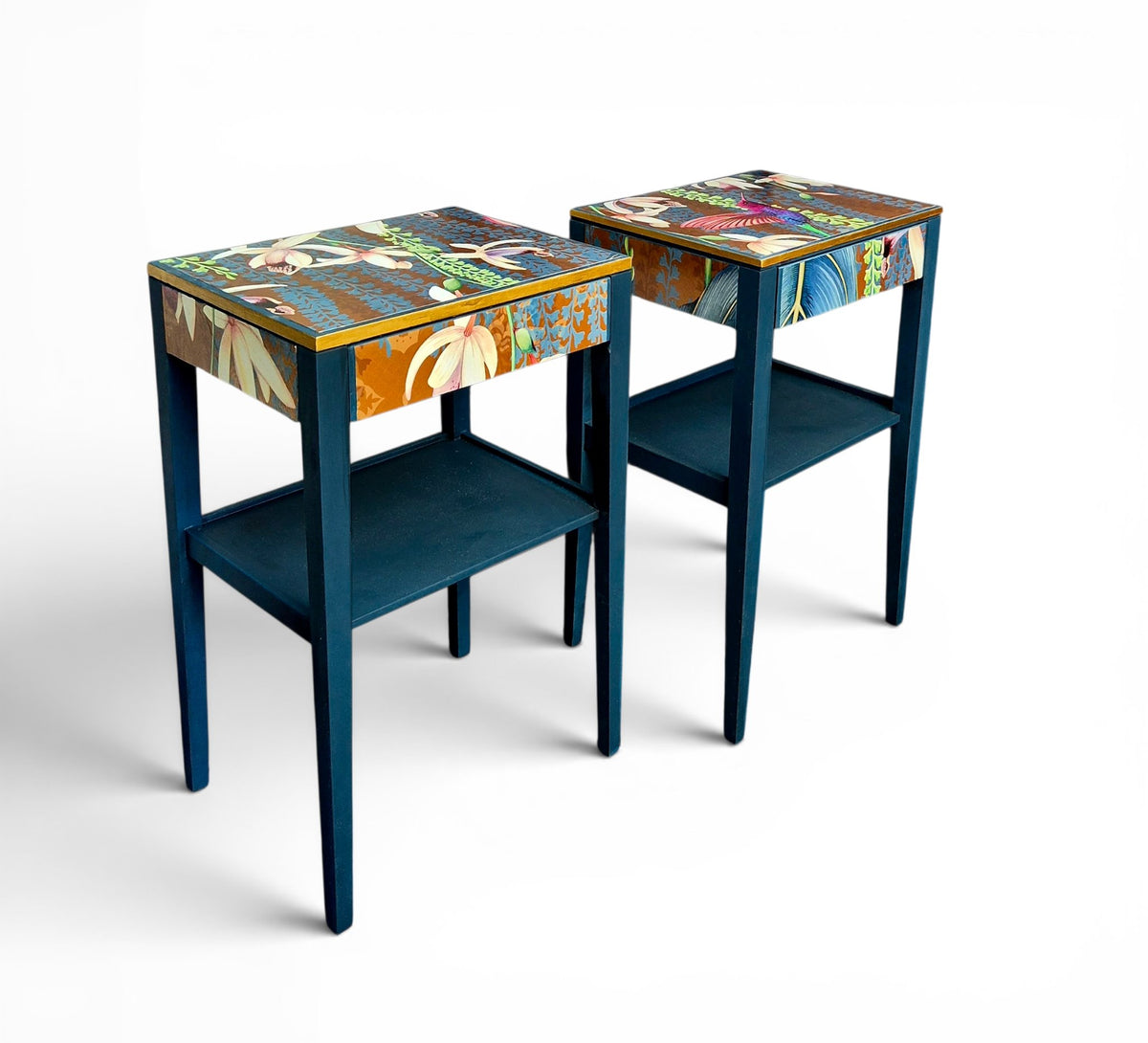 Pair of Luxury Upcycled Bedsides with Metallic Trailing Orchid Decoupage