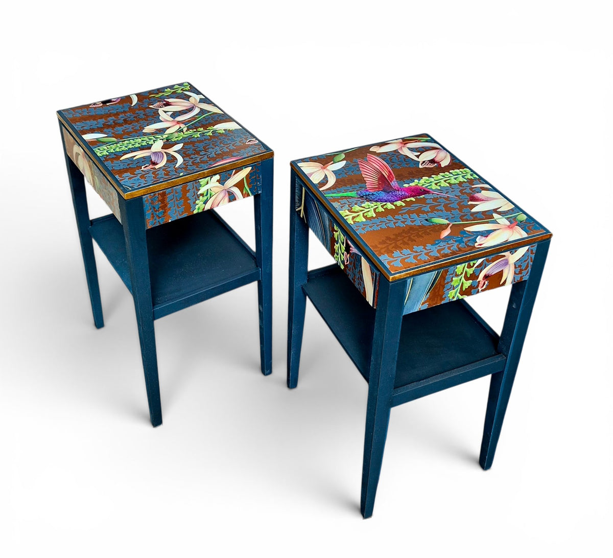 Pair of Luxury Upcycled Bedsides with Metallic Trailing Orchid Decoupage