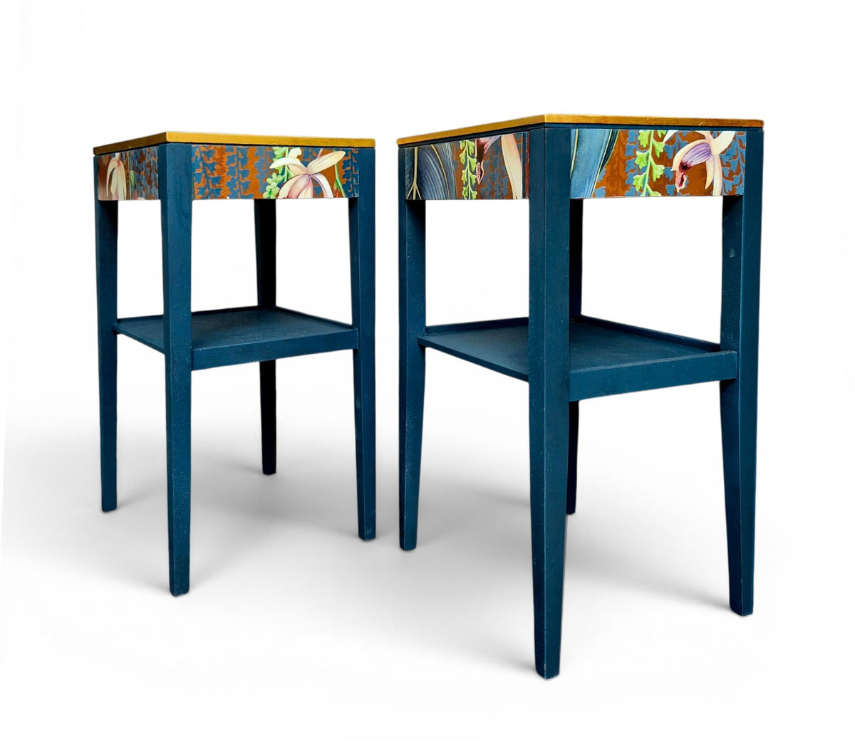 Pair of Luxury Upcycled Bedsides with Metallic Trailing Orchid Decoupage