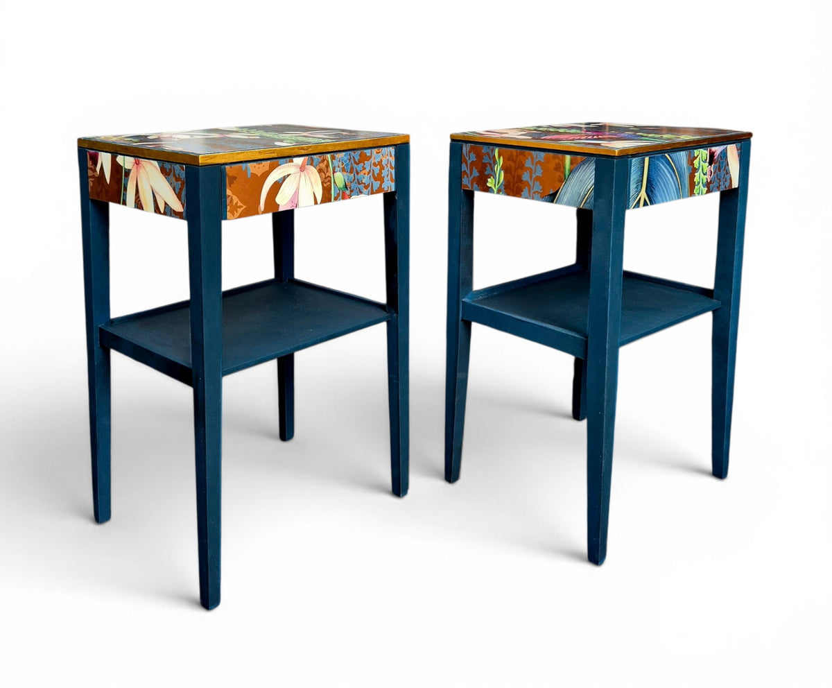 Pair of Luxury Upcycled Bedsides with Metallic Trailing Orchid Decoupage