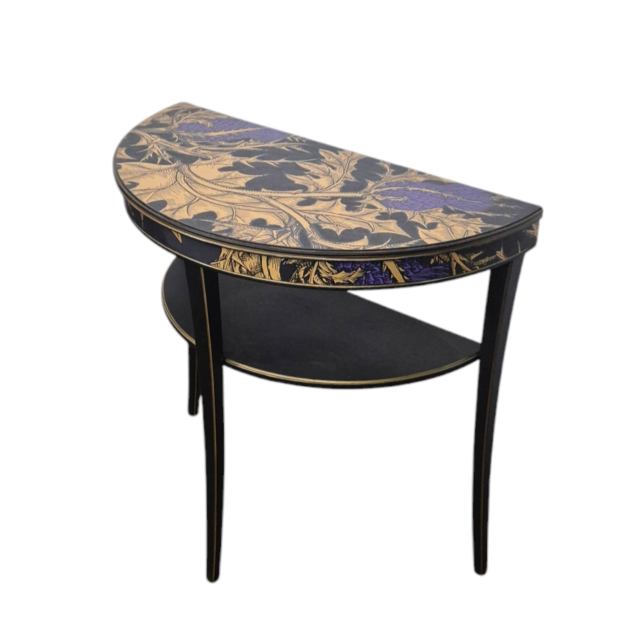 Luxury Upcycled Vintage Console Side Table Timorous Beasties with Thistle & Glass Top