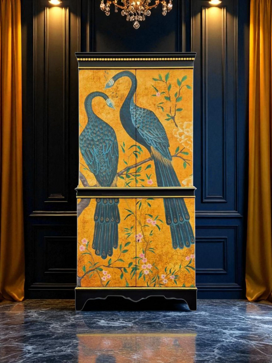 Luxury Cocktail Drinks Cabinet with Chinoiserie Decoupage Pink Neon Interior