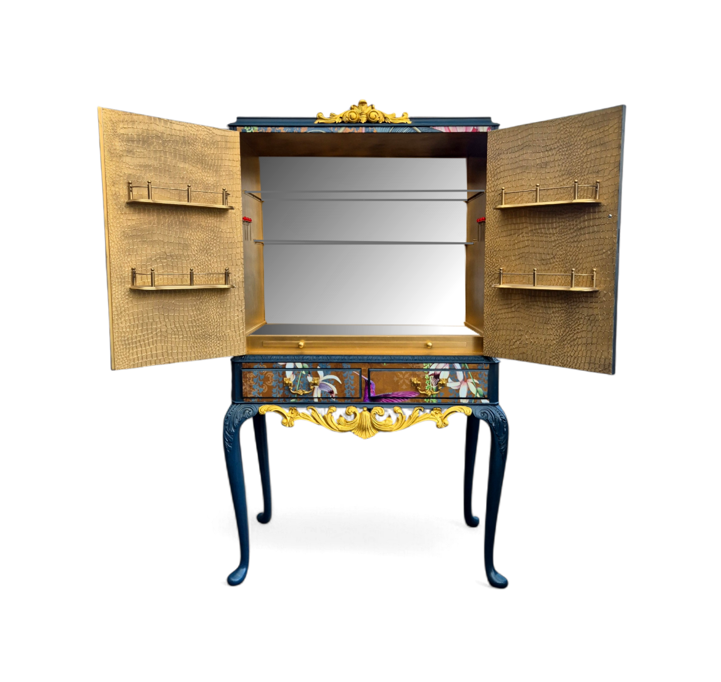 Luxury Upcycled Vintage Cocktail Cabinet with Metallic Trailing Orchid Decoupage