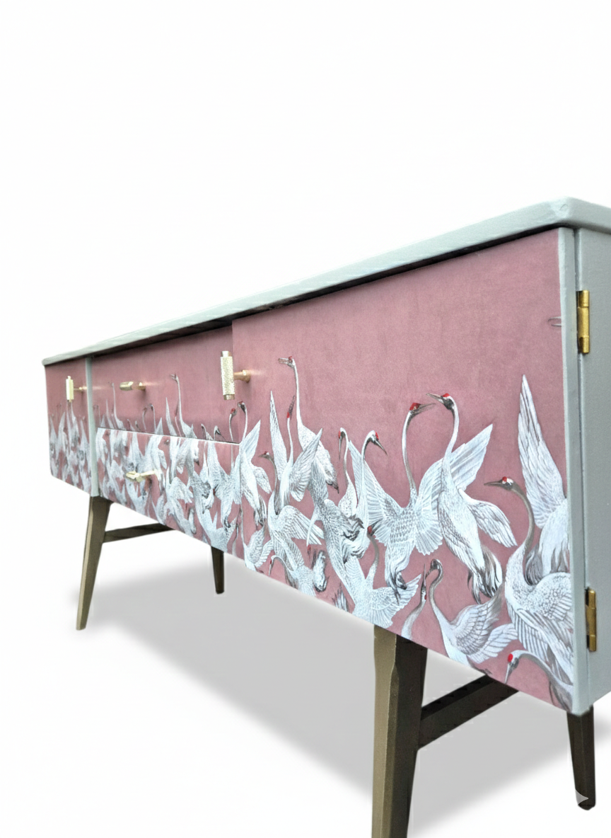 Luxury Mid Century Meredew Sideboard/ Cupboard with Soaring Cranes Decoupage
