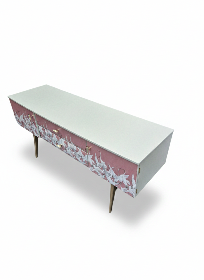 Luxury Mid Century Meredew Sideboard/ Cupboard with Soaring Cranes Decoupage