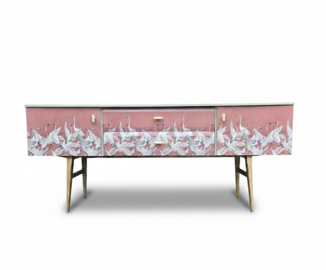 Luxury Mid Century Meredew Sideboard/ Cupboard with Soaring Cranes Decoupage