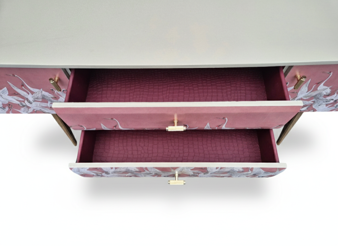 Luxury Mid Century Meredew Sideboard/ Cupboard with Soaring Cranes Decoupage