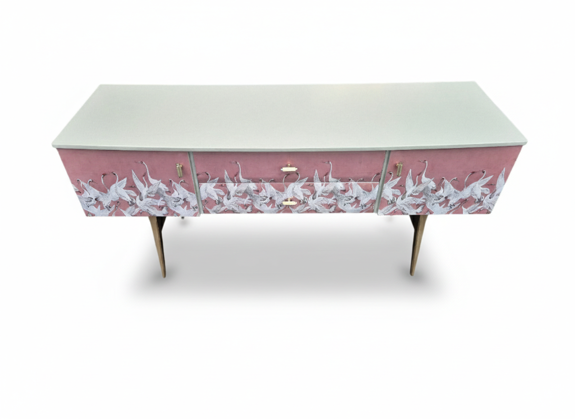 Luxury Mid Century Meredew Sideboard/ Cupboard with Soaring Cranes Decoupage