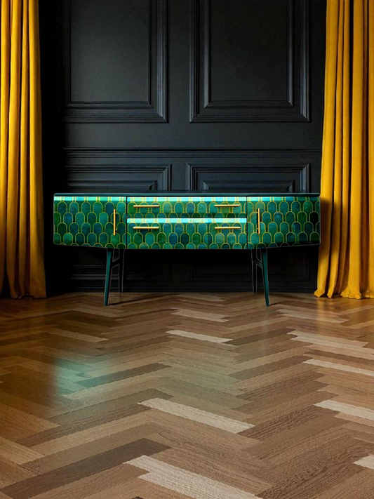Luxury Mid Century Meredew Sideboard/ TV Unit with Metallic Green & Gold Finish