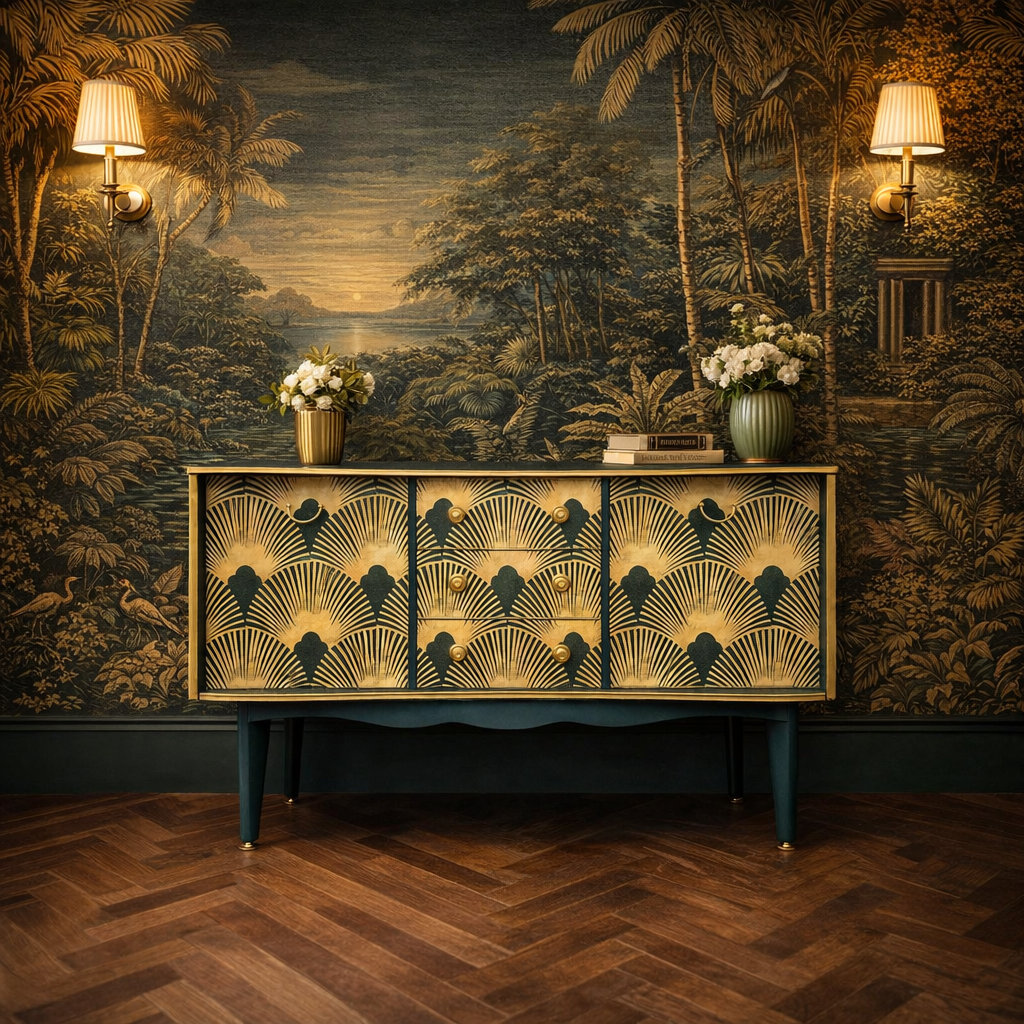 Luxury Upcycled Mid Century Vintage Sideboard / Cocktail with Art Deco Decoupage