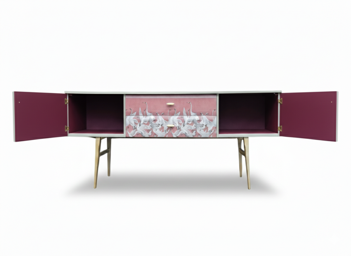 Luxury Mid Century Meredew Sideboard/ Cupboard with Soaring Cranes Decoupage