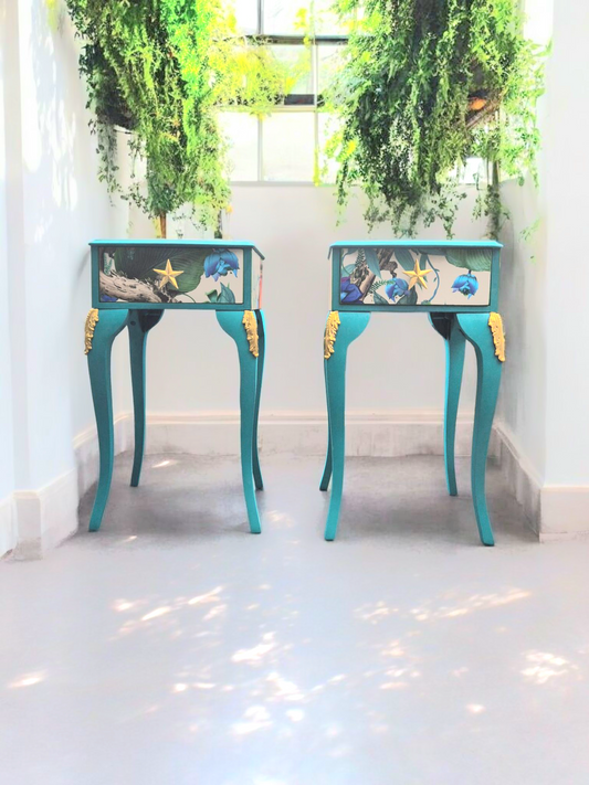 Pair of Professionally Upcycled Turquoise Bedsides