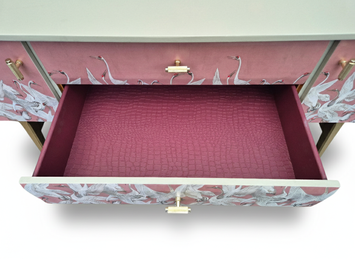 Luxury Mid Century Meredew Sideboard/ Cupboard with Soaring Cranes Decoupage