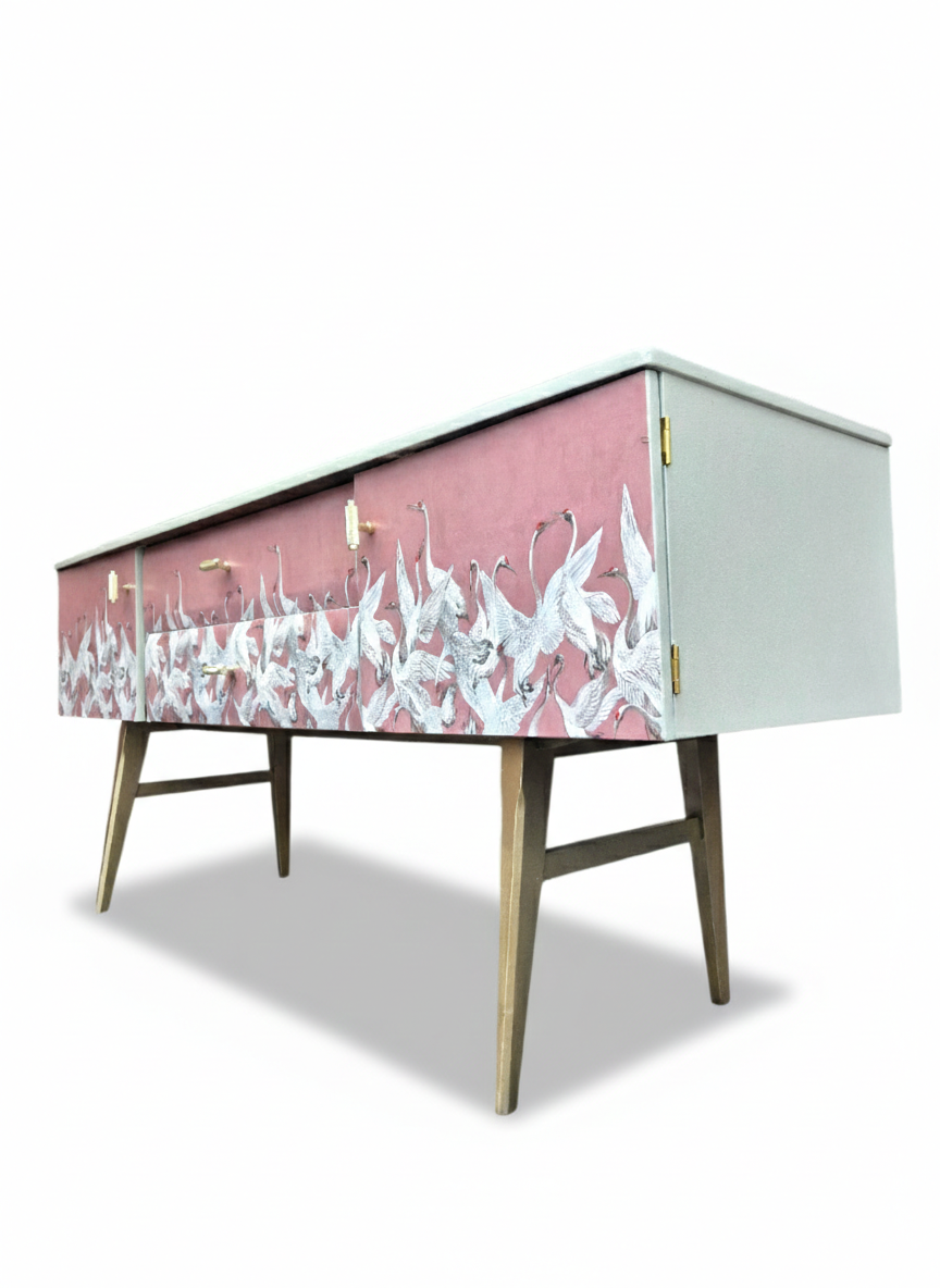 Luxury Mid Century Meredew Sideboard/ Cupboard with Soaring Cranes Decoupage