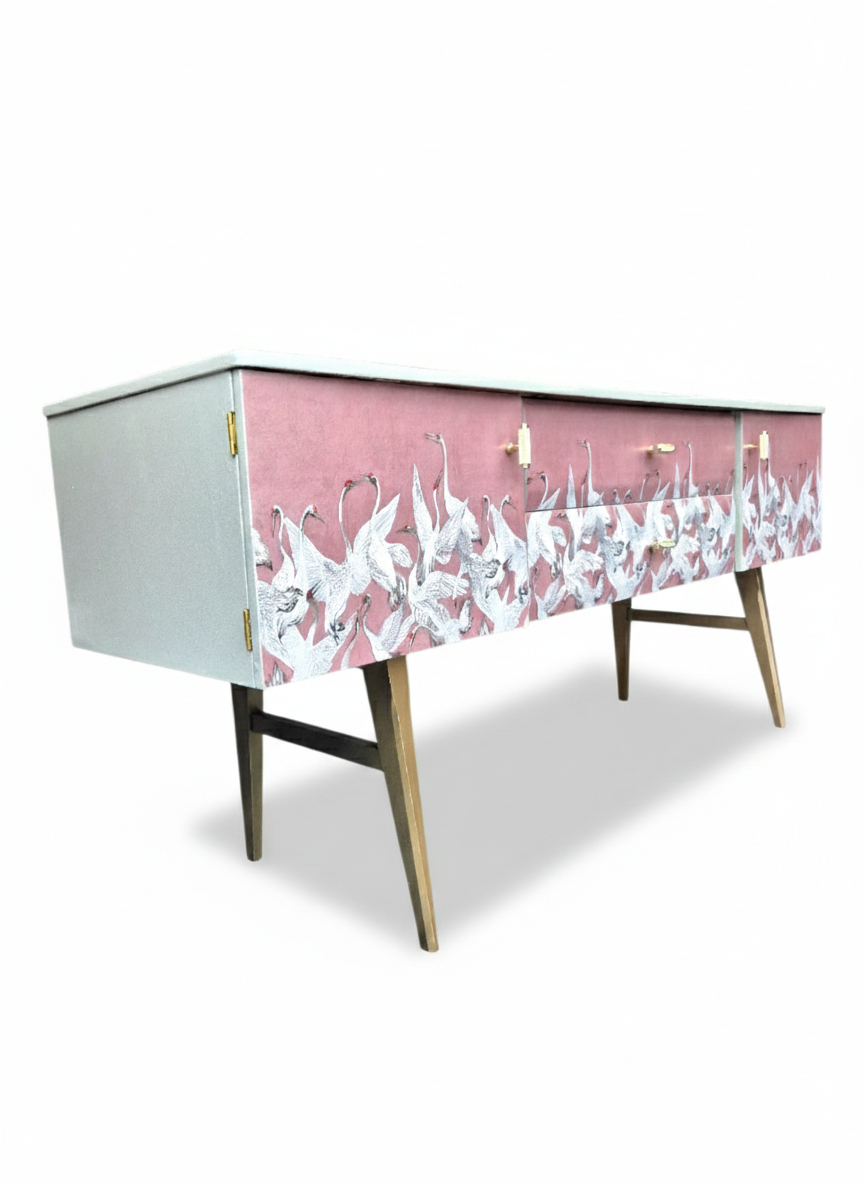 Luxury Mid Century Meredew Sideboard/ Cupboard with Soaring Cranes Decoupage