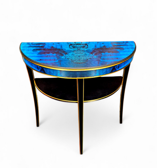 Luxury Upcycled Vintage Console/ Side/ Hall Table with Timorous Beasties Sapphire Blue Damask Decoupage & Glass Top