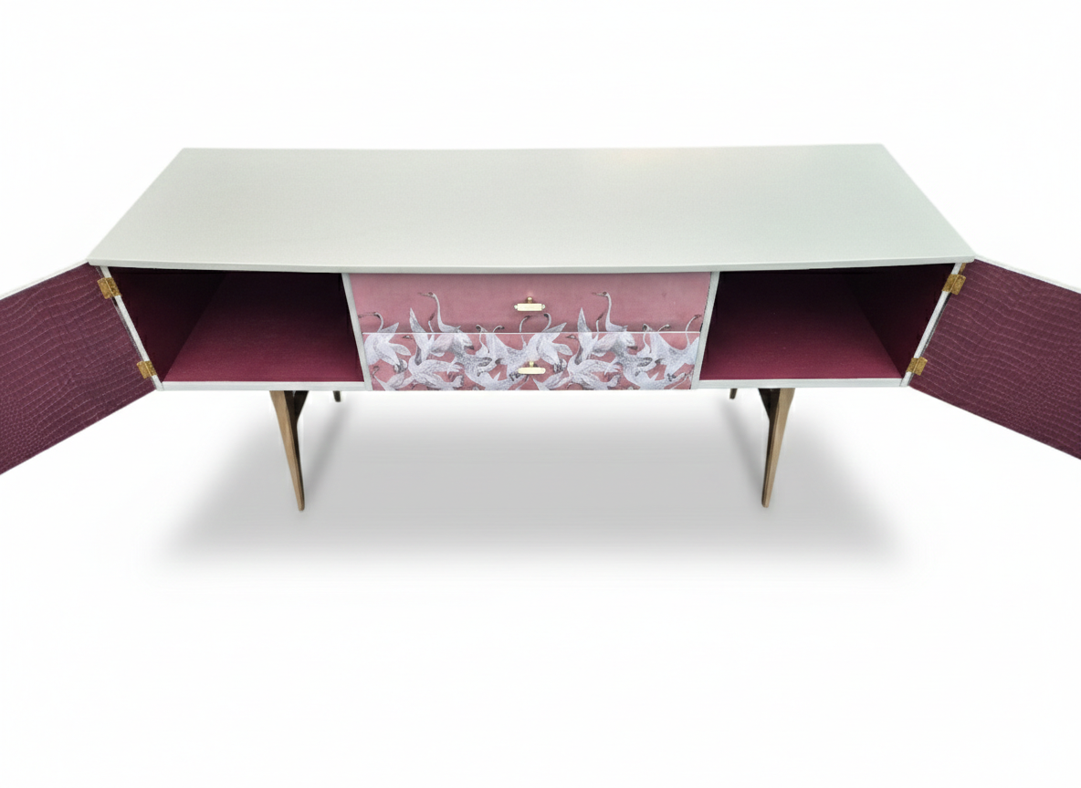 Luxury Mid Century Meredew Sideboard/ Cupboard with Soaring Cranes Decoupage
