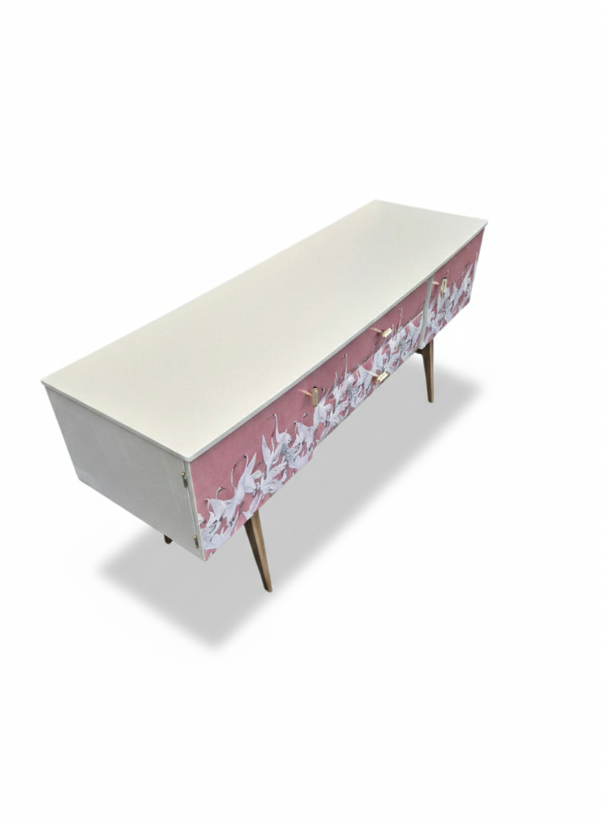 Luxury Mid Century Meredew Sideboard/ Cupboard with Soaring Cranes Decoupage
