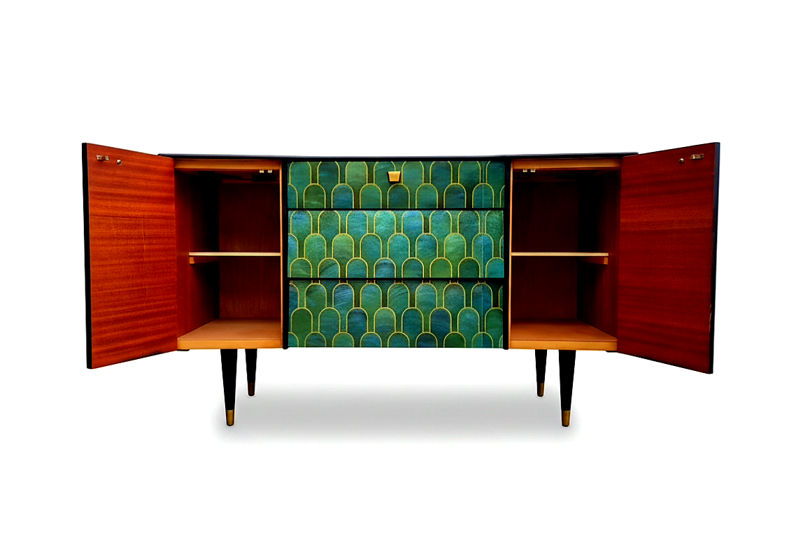 Luxury Bespoke Mid Century Avalon Sideboard TV Unit with Metallic Bethan Gray Decoupage
