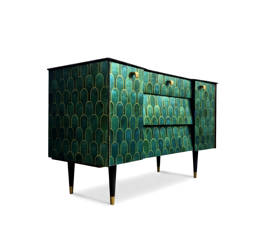 Luxury Bespoke Mid Century Avalon Sideboard TV Unit with Metallic Bethan Gray Decoupage