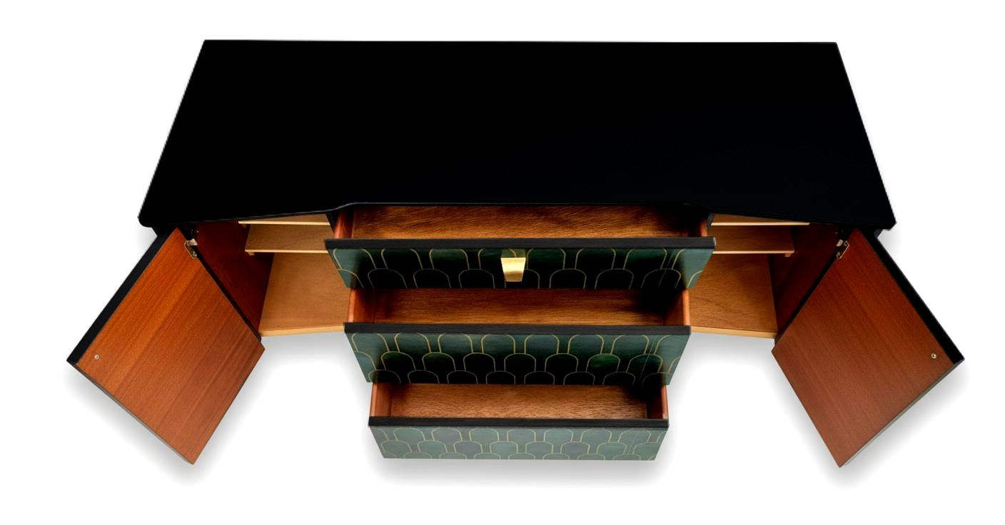Luxury Bespoke Mid Century Avalon Sideboard TV Unit with Metallic Bethan Gray Decoupage