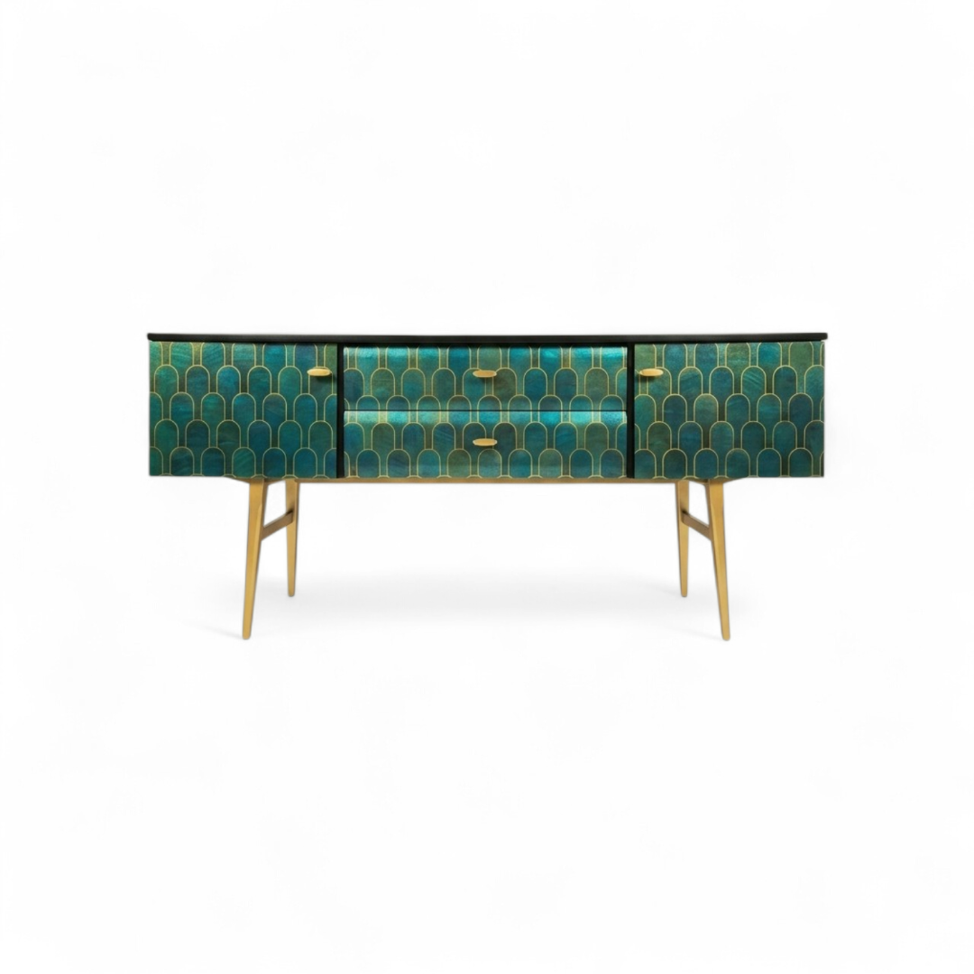 Luxury Upcycled Mid Century Meredew Sideboard with Metallic Geometric Decoupage