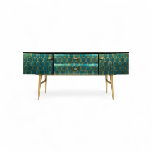 Luxury Upcycled Mid Century Meredew Sideboard with Metallic Geometric Decoupage