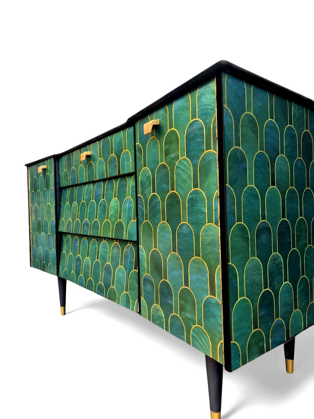 Luxury Bespoke Mid Century Avalon Sideboard TV Unit with Metallic Bethan Gray Decoupage