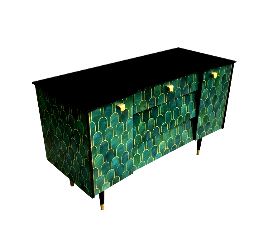 Luxury Bespoke Mid Century Avalon Sideboard TV Unit with Metallic Bethan Gray Decoupage