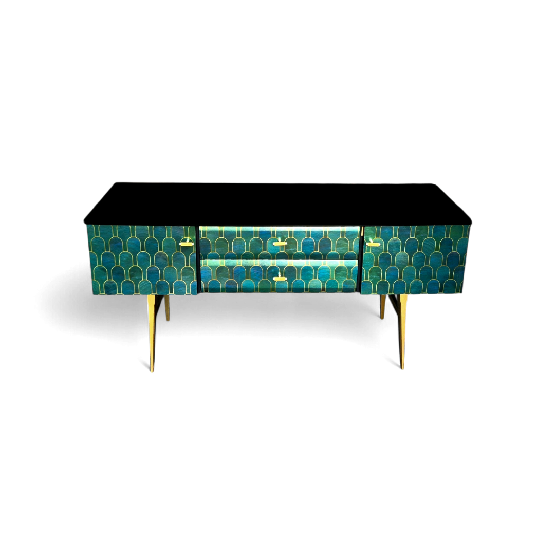 Luxury Upcycled Mid Century Meredew Sideboard with Metallic Geometric Decoupage