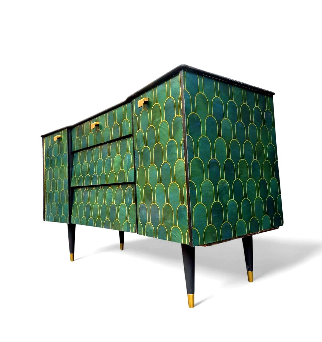Luxury Bespoke Mid Century Avalon Sideboard TV Unit with Metallic Bethan Gray Decoupage