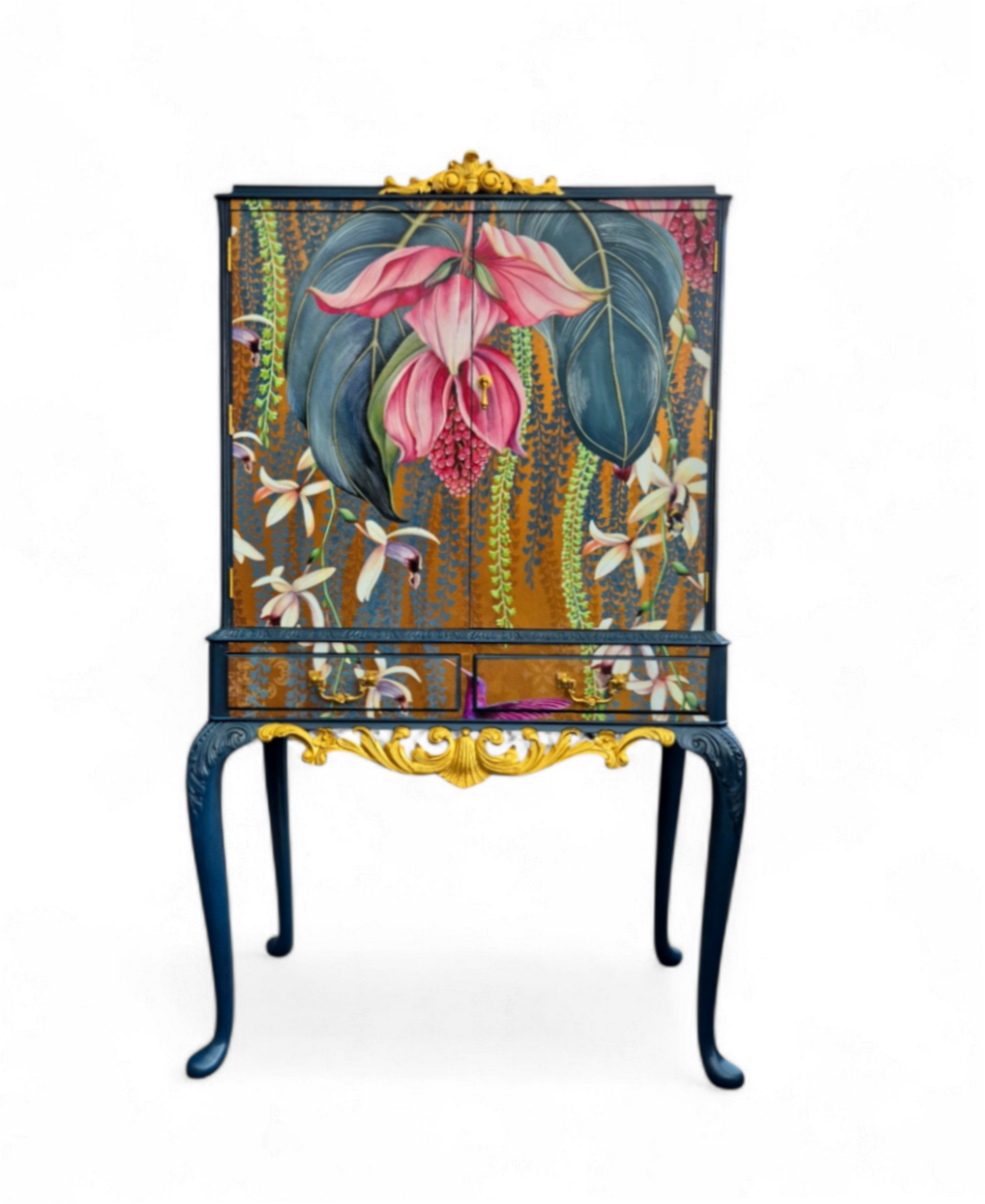 Luxury Upcycled Vintage Cocktail Cabinet with Metallic Trailing Orchid Decoupage