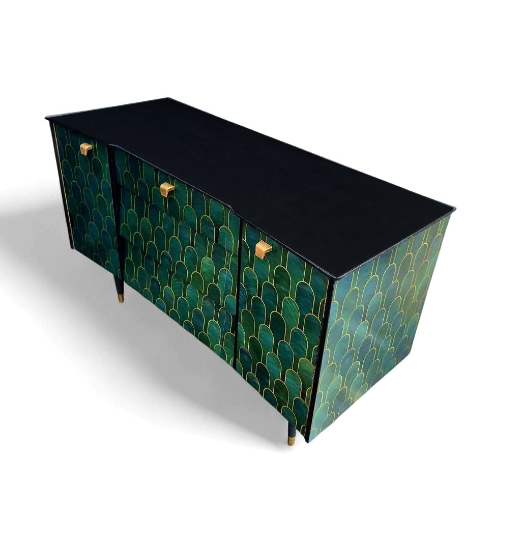 Luxury Bespoke Mid Century Avalon Sideboard TV Unit with Metallic Bethan Gray Decoupage