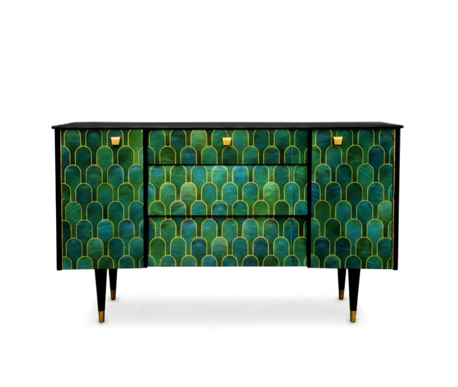 Luxury Bespoke Mid Century Avalon Sideboard TV Unit with Metallic Bethan Gray Decoupage