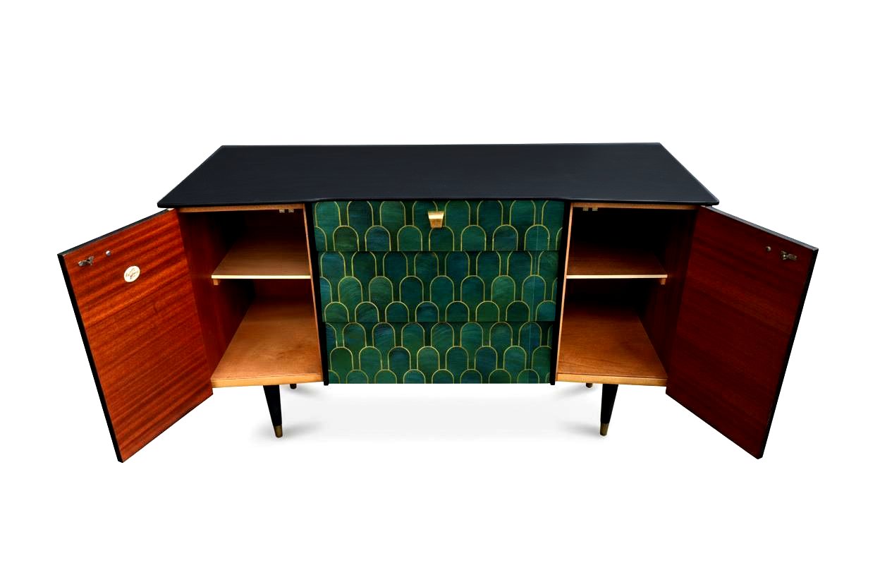 Luxury Bespoke Mid Century Avalon Sideboard TV Unit with Metallic Bethan Gray Decoupage