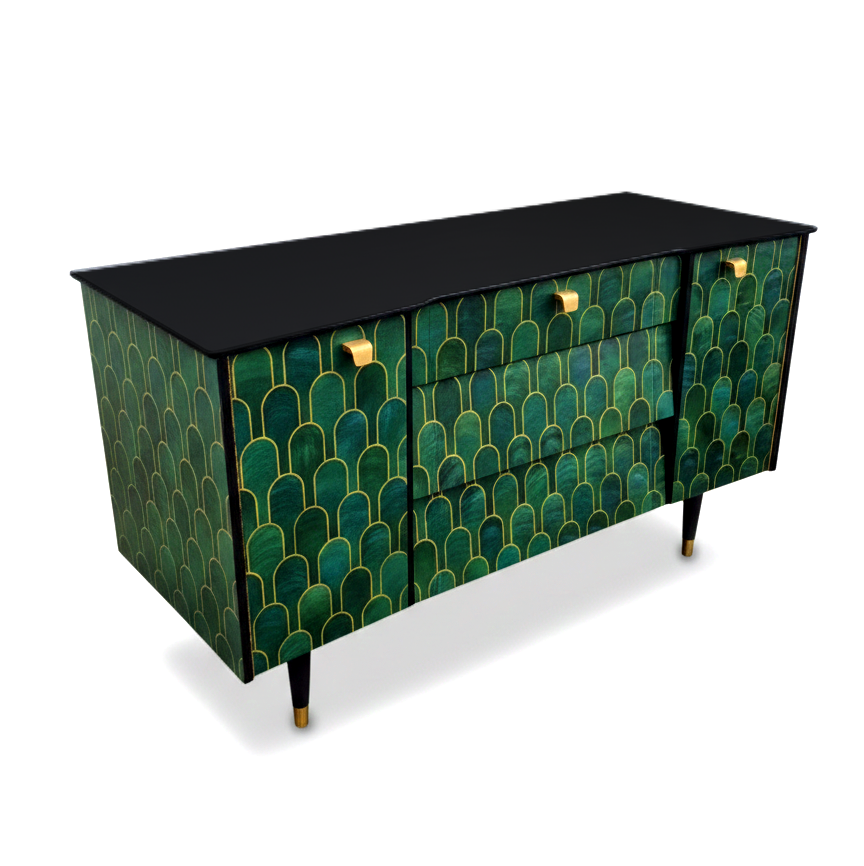 Luxury Bespoke Mid Century Avalon Sideboard TV Unit with Metallic Bethan Gray Decoupage