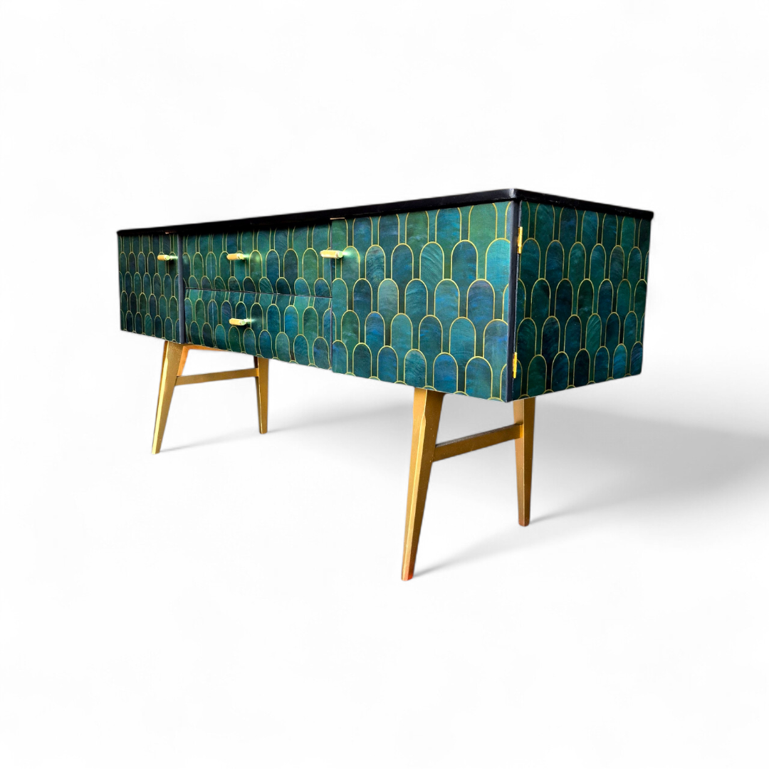 Luxury Upcycled Mid Century Meredew Sideboard with Metallic Geometric Decoupage