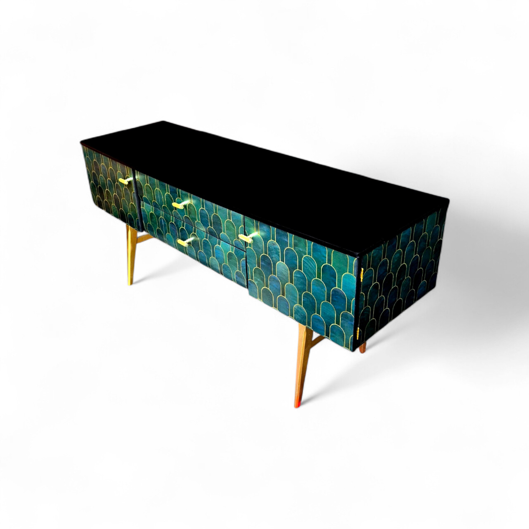Luxury Upcycled Mid Century Meredew Sideboard with Metallic Geometric Decoupage