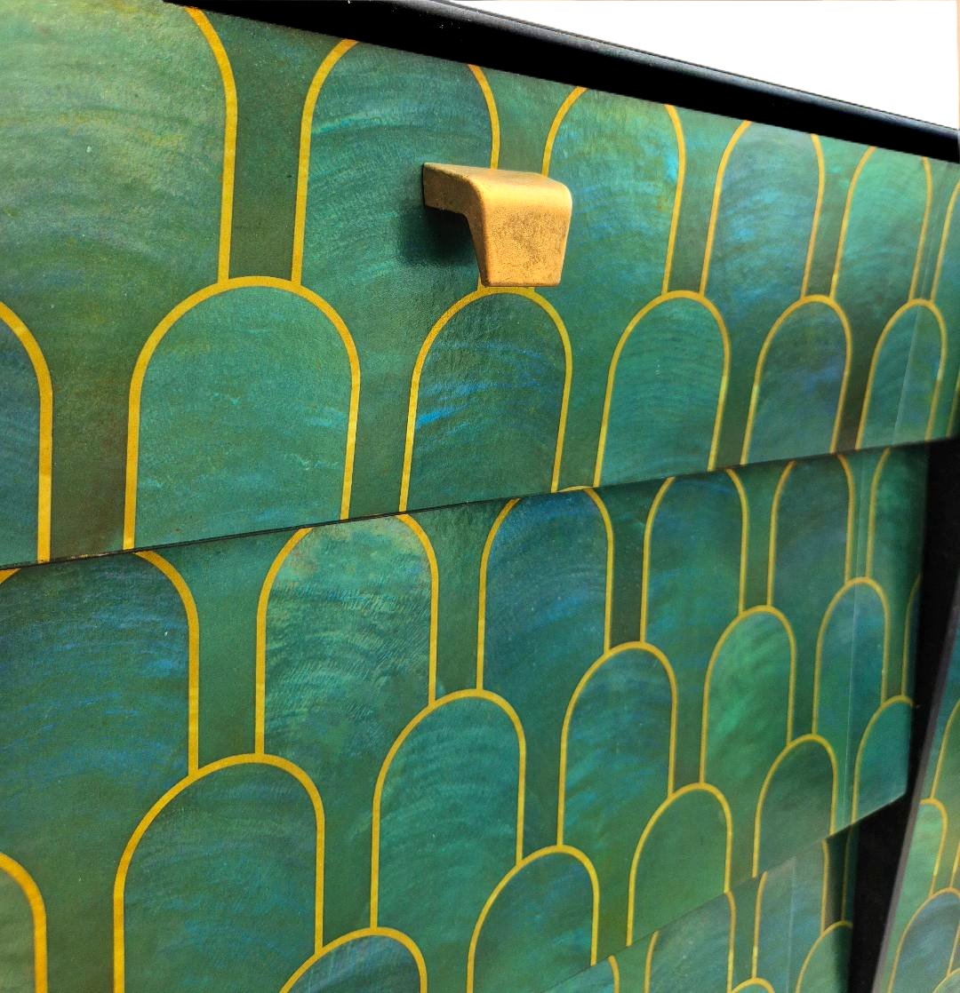 Luxury Bespoke Mid Century Avalon Sideboard TV Unit with Metallic Bethan Gray Decoupage