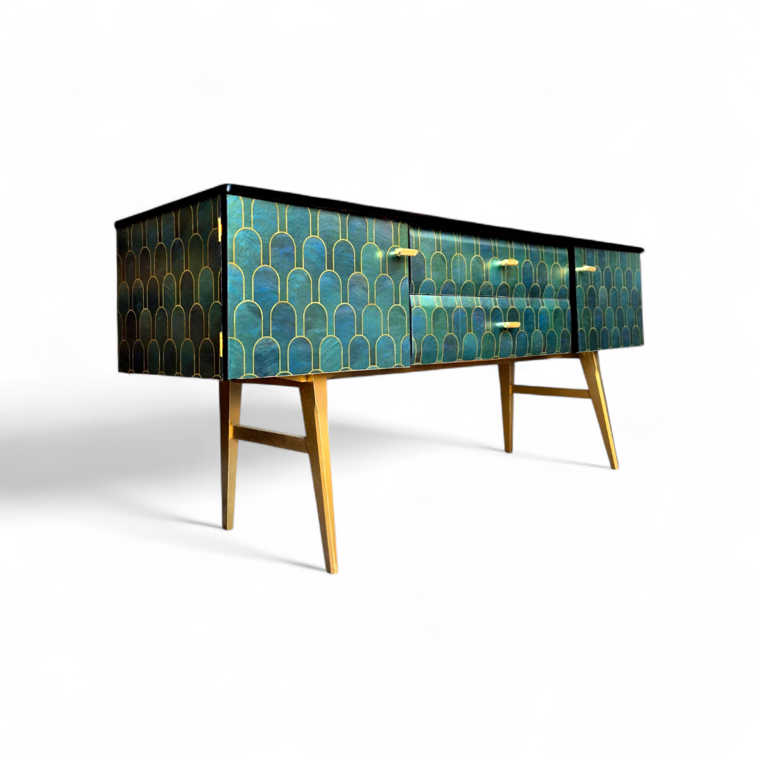 Luxury Upcycled Mid Century Meredew Sideboard with Metallic Geometric Decoupage