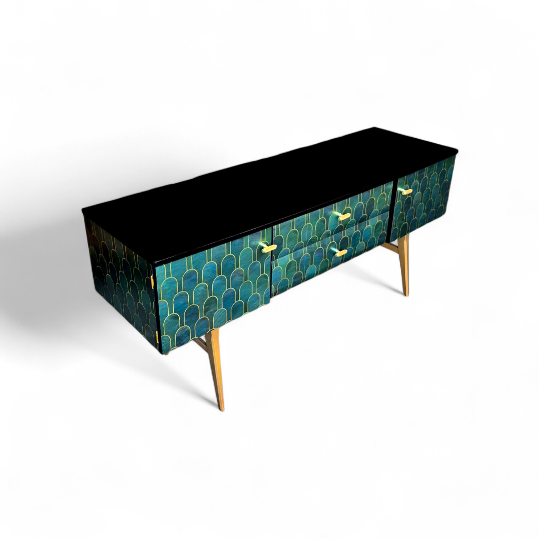 Luxury Upcycled Mid Century Meredew Sideboard with Metallic Geometric Decoupage