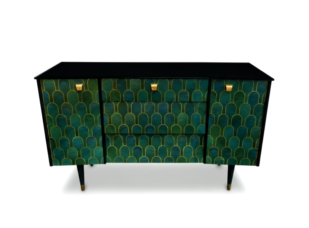 Luxury Bespoke Mid Century Avalon Sideboard TV Unit with Metallic Bethan Gray Decoupage