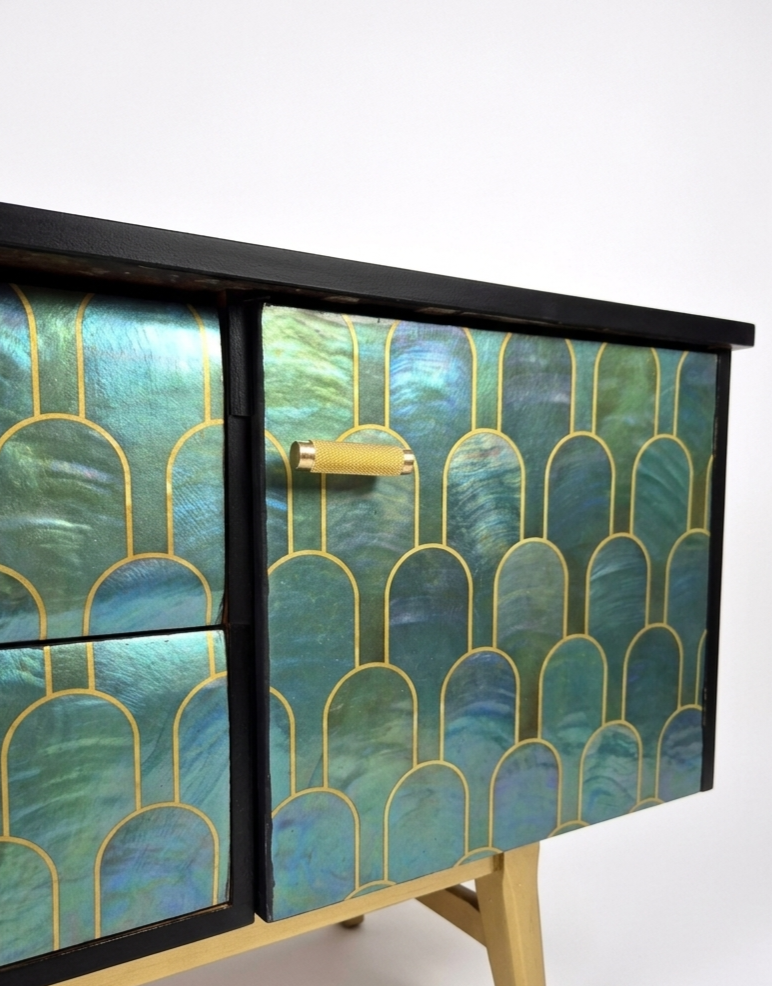 Luxury Upcycled Mid Century Meredew Sideboard with Metallic Geometric Decoupage