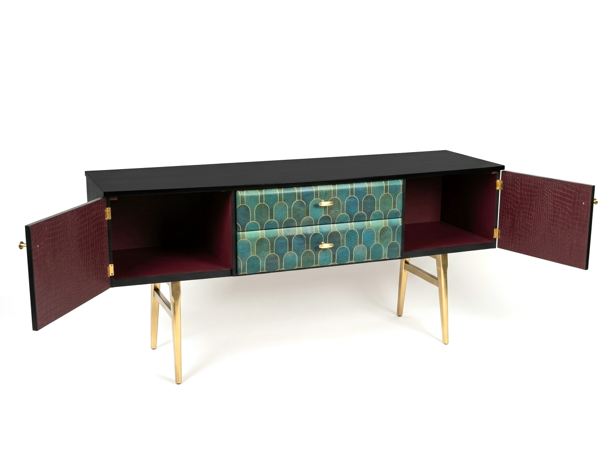 Luxury Upcycled Mid Century Meredew Sideboard with Metallic Geometric Decoupage